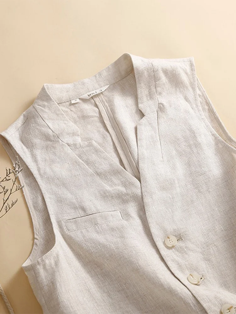 Haut léger en coton et lin pour femmes, ample et décontracté, gilet d'extérieur, vêtements d'extérieur, pour les déplacements, détail de boutons v-ne, longueur ort