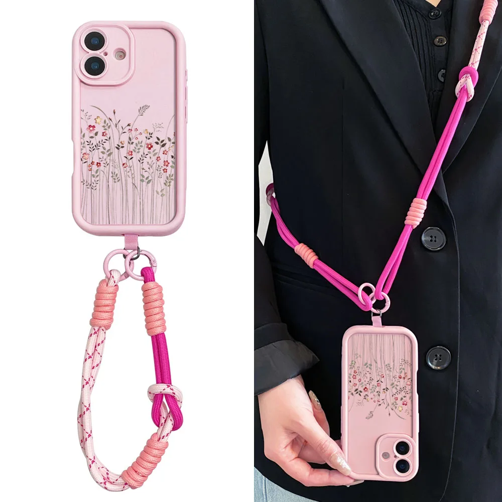 Cxd5Lavender-funda cruzada con cordón de flor para IPhone16 15 14 13 12 11 17 Pro MAX XS Max XR 7 8 Plus, cubierta de cuerda larga con cadena para muñeca
