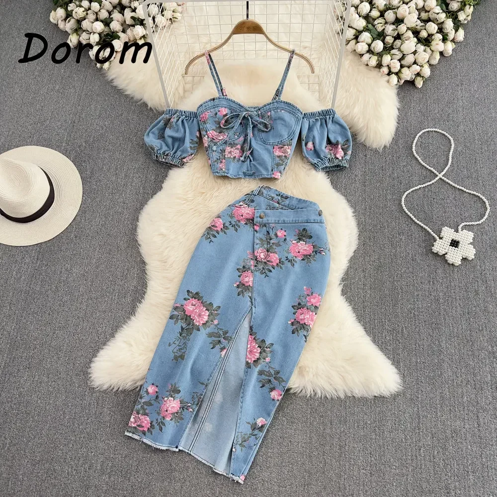 Vintage Flower Print Denim Two Pieces Sets Women Summer V-Neck Lace-up Jeans Crop Top +High Waist Irregular Skirt Female Suits