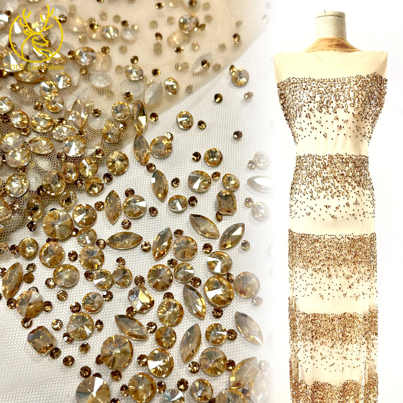 

Luxurious Gold Jewel Exquisite Unique Lace Fabric Luxury French Dubai Tulle Lace Fabric For Women Wedding Evening Dresses