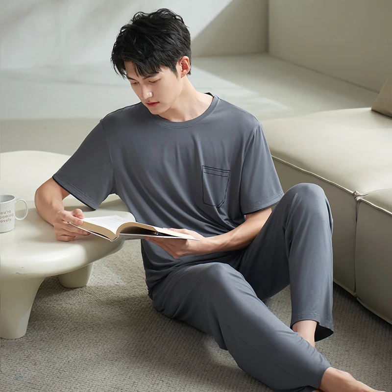 Men Pajamas Modal Round Neck Sleepwear Men Summer Home Clothes Big Yards M-3XL High Quality Young Male Grey Homewear Set