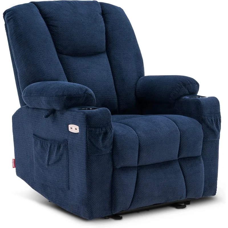 Fabric Electric Power Recliner Chair with Heat and Massage, Cup Holders, USB Charge Ports, Extended Footrest