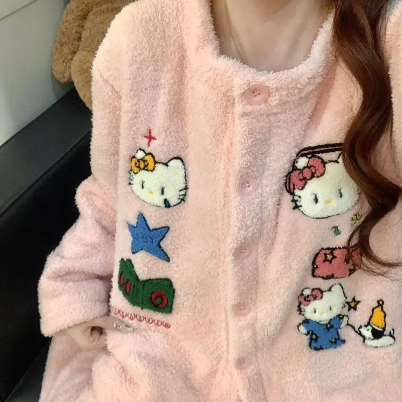 

Ins Стиль мультфильм Hello Kitty полубархатные пижамы осень-зима уютные девушки утолщенный теплый студенческий комплект домашней одежды можно выйти на улицу
