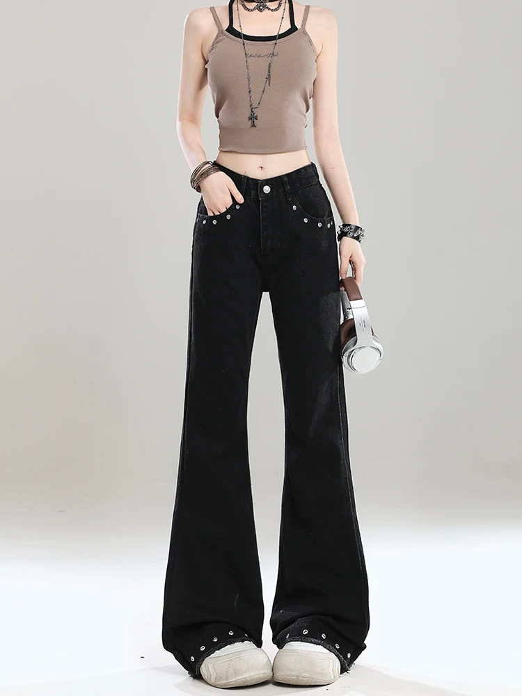 American Style Spicy Girl Rivet Micro Flared Jeans Women Summer New Super Popular Slimming High Waist Straight Leg Floor-Leng...
