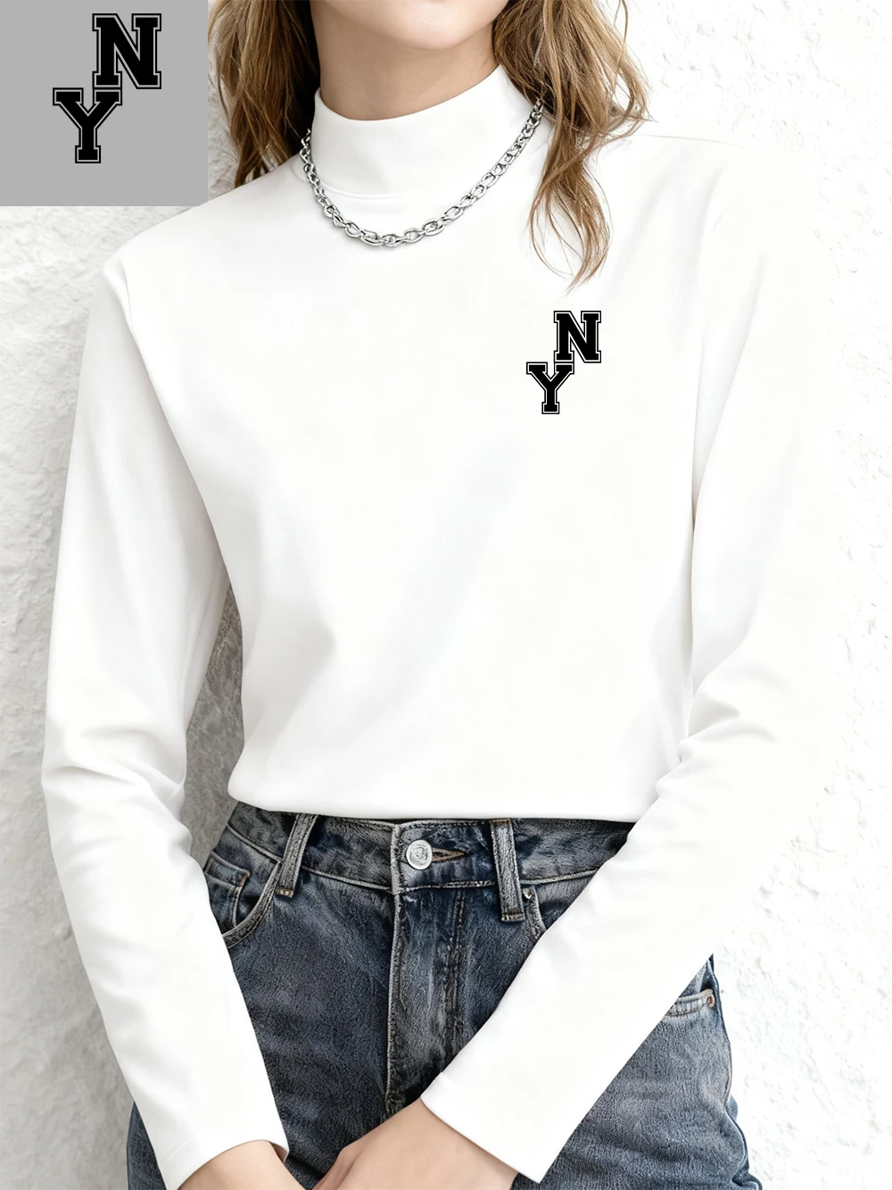

Футболка с буквенным принтом Нью-Йорка, женские зимние флисовые топы, полуводолазка, облегающая теплая рубашка, модная женская одежда