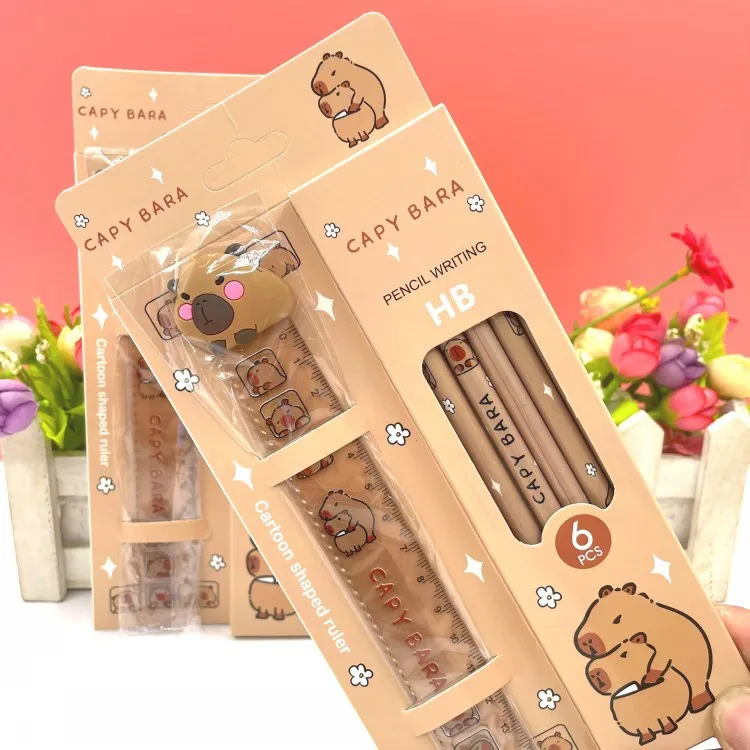 7Pcs/Box Capybara Cartoon Kawaii HB Wooden Lead Pencils with Ruler Student School Office Stationery Supplies Children's Day Gift