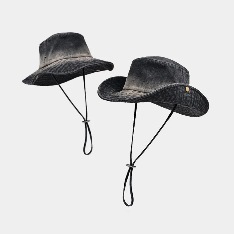 2024 Blue Cowboy Hiking Bucket Hat with String Men Denim Beach Sun Hat for Women Outdoor Couple Bob Panama Summer Fisherman Hat