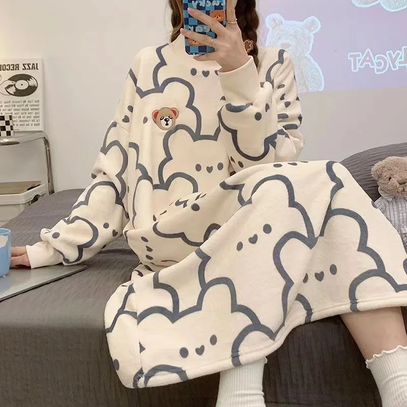 

Women's Oversized Loose Fleece Pajama Dress, Long-Sleeve, Female Sleeping Dresses, Plus Size, 150kg, Autumn, Winter, Fat, New