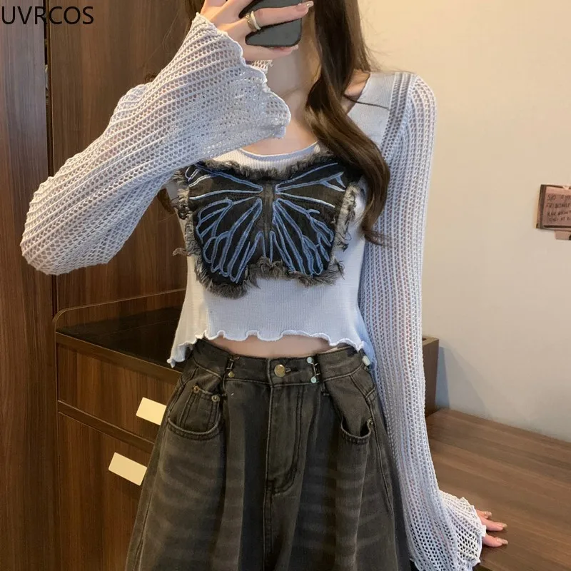 Autumn Vintage Elegant Knitted Pullovers Women Butterfly Hollow Out Long Sleeved Knitwear Crop Tops Korean Fashion Sweater Coat