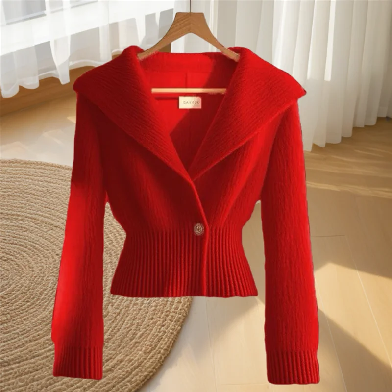 Autumn Winter Women's Sweater Knitwear 2024 New Fashion Loose Casual Tops Cardigan Pure Colour Rose  V-Neck Outerwear Female