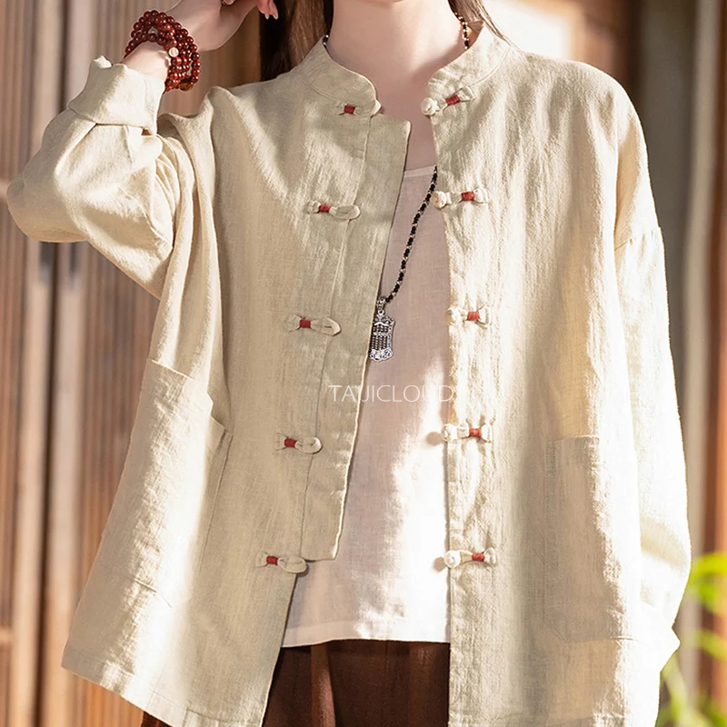 2025 New Chinese Style Blouse - Cotton Linen Mandarin Collar Shirt with Frog Buttons, Zen Tea Ceremony & Casual Cardigan