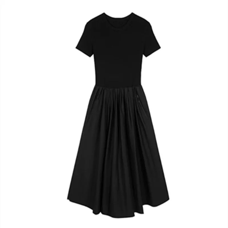 

2025 Summer New Hepburn Style Skinny Knitted Splicing Short Sleeve Dress Women