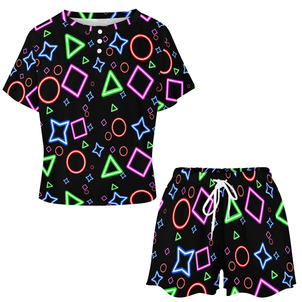 Multicolored Geometric Women's 2-Piece Button Down Short Sleeve Button Front Sleepwear Loungewear PJ Set Summer Home Suit