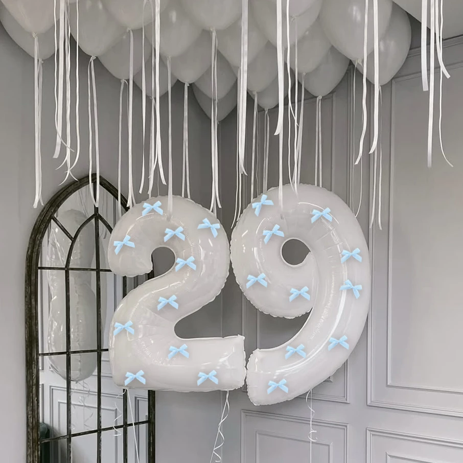 32-inch white aluminum foil digital balloon+10PCS Sky blue bow set, birthday party decoration, large size 0-9