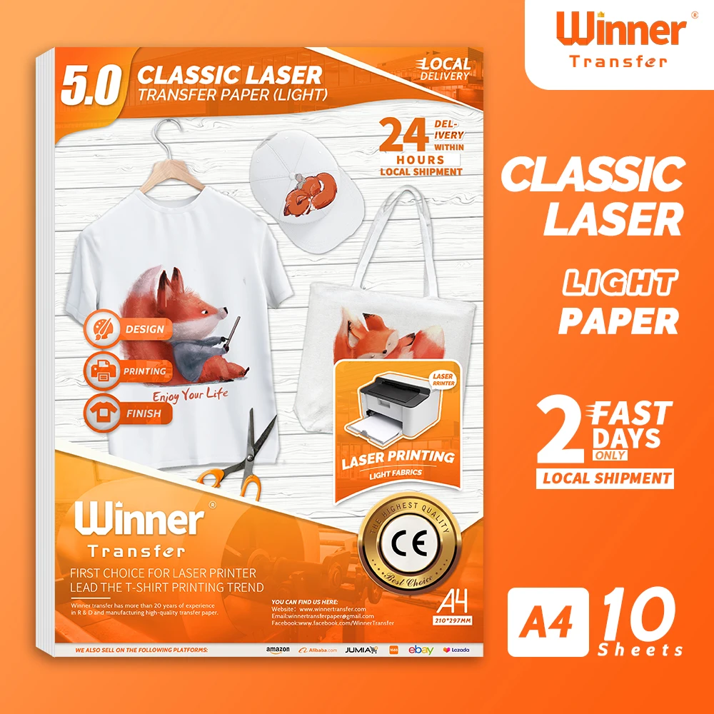 WinnerTransfer Heat Transfer Paper for T Shirt Classic Laser Light Iron Paper for Clothing Transfer Printing Paper A4 10Sheets