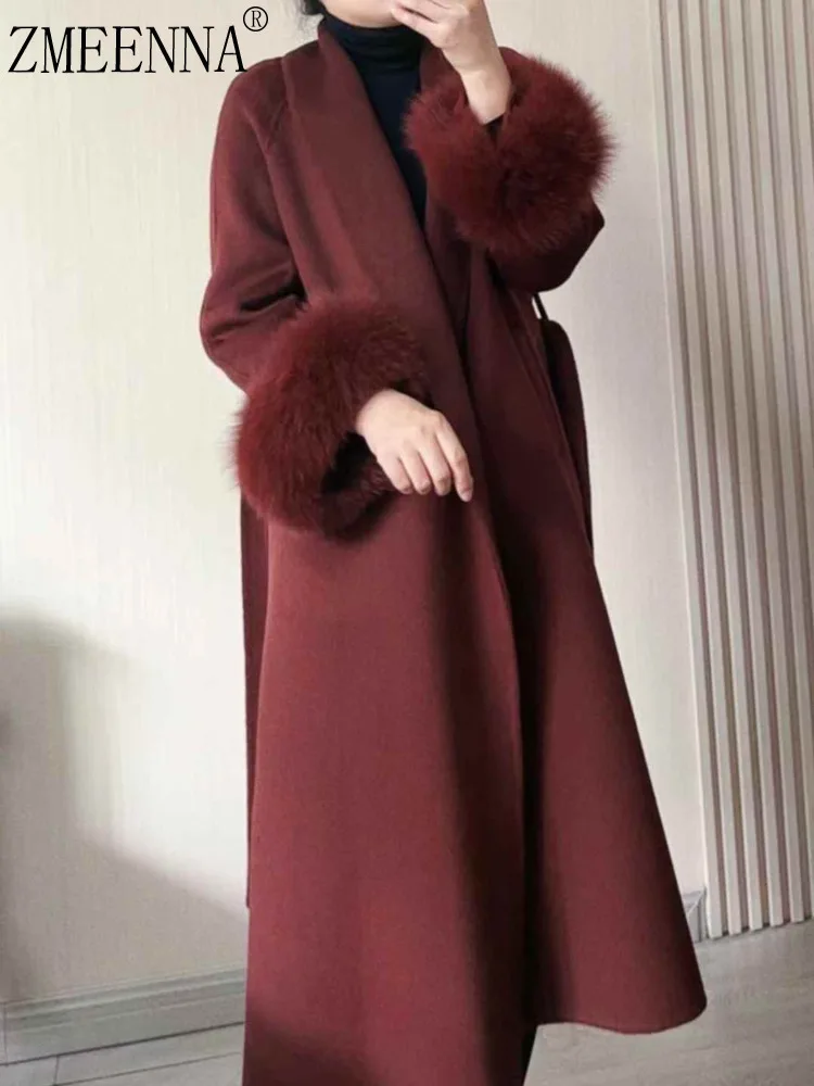 ZMEENNA Elegant Temperament Casual Lapel Belt All Match Simple Removable Fox Fur Women's Woolen Coat 2024 Autumn Winter ZM595