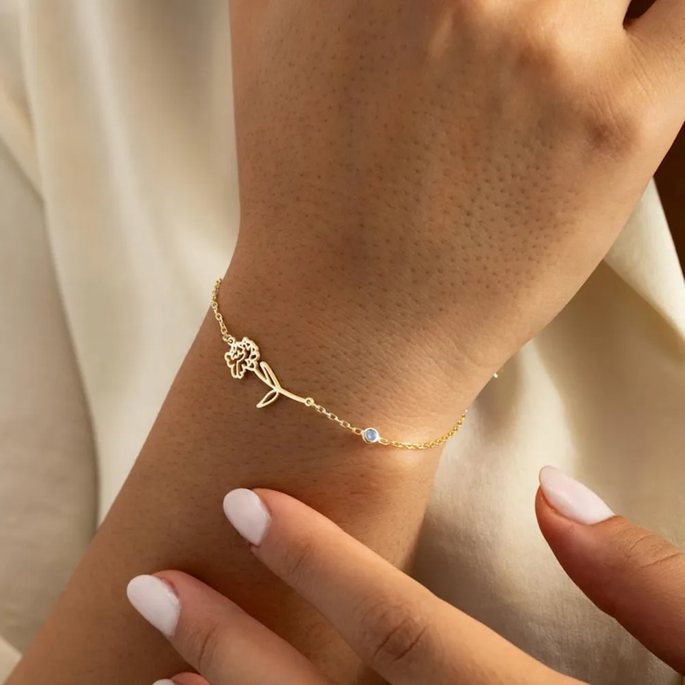 Custom Birthstone Birthflower Bracelet Gold Plated Stainless Steel Adjustable Chain Personalized Bracelets And Bangles
