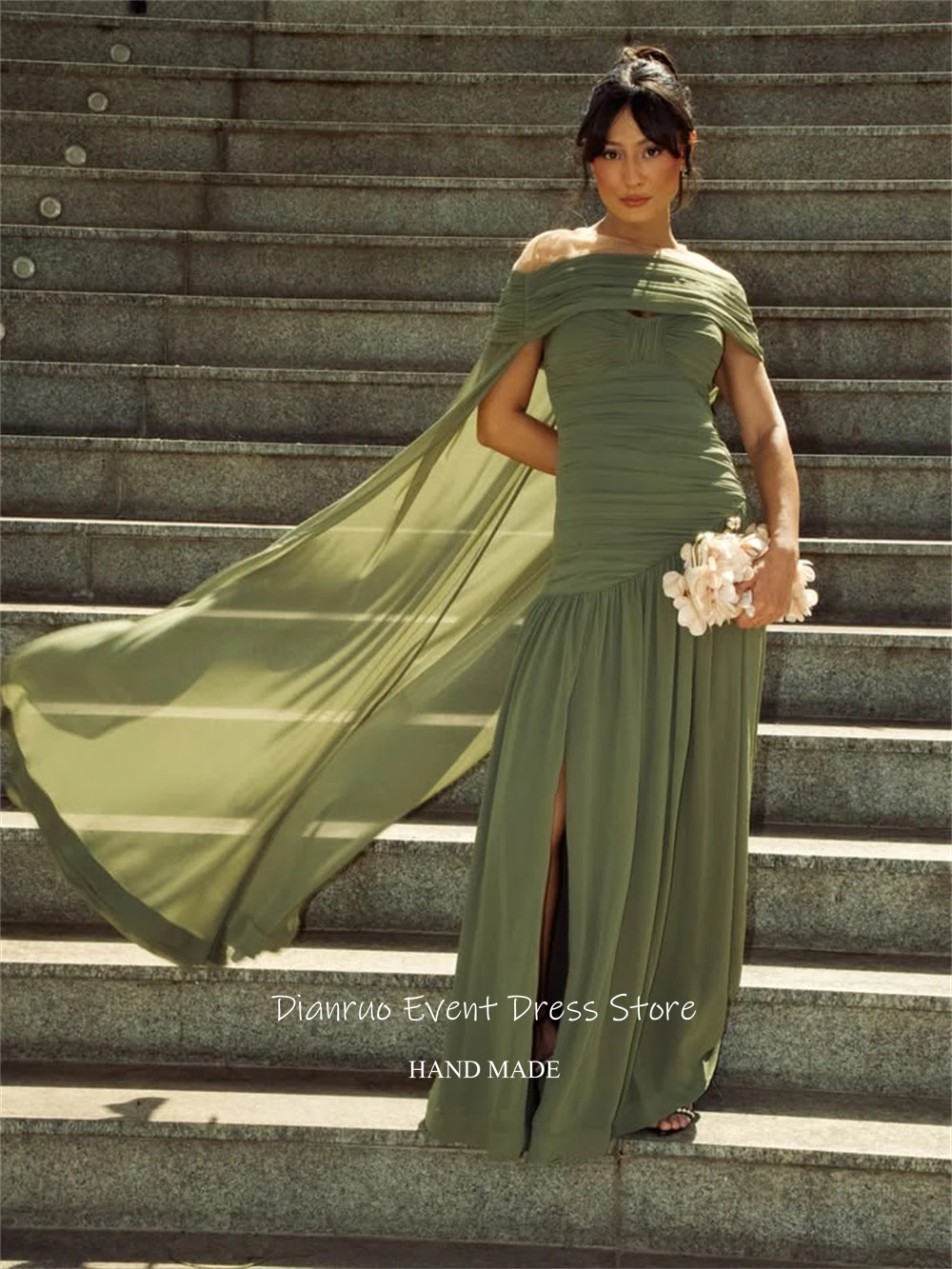 Dianruo-vestido De noche con abertura lateral, color verde oliva, línea A, Vestidos fluidos De fiesta con hombros descubiertos, Vestidos De gasa De Gala personalizados