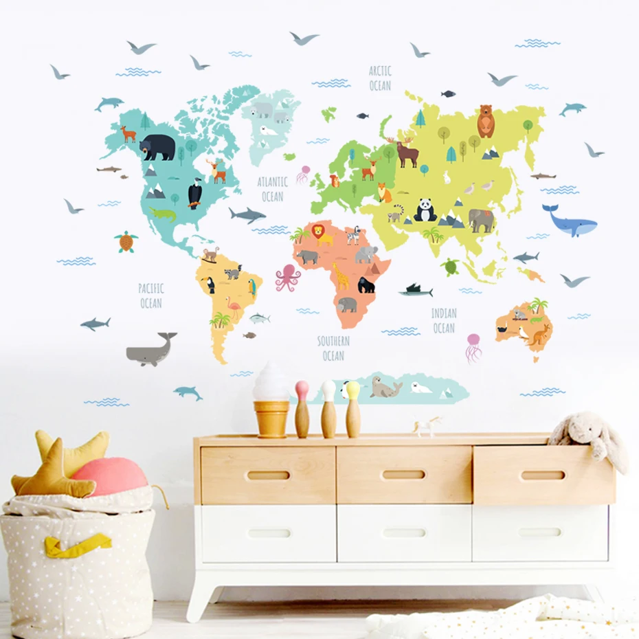 Cartoon Animal World Map Nursery Wall Sticker Peel and Stick Vinyl Removable Wall Decal Mural Kids Bedroom Playroom Home Decor