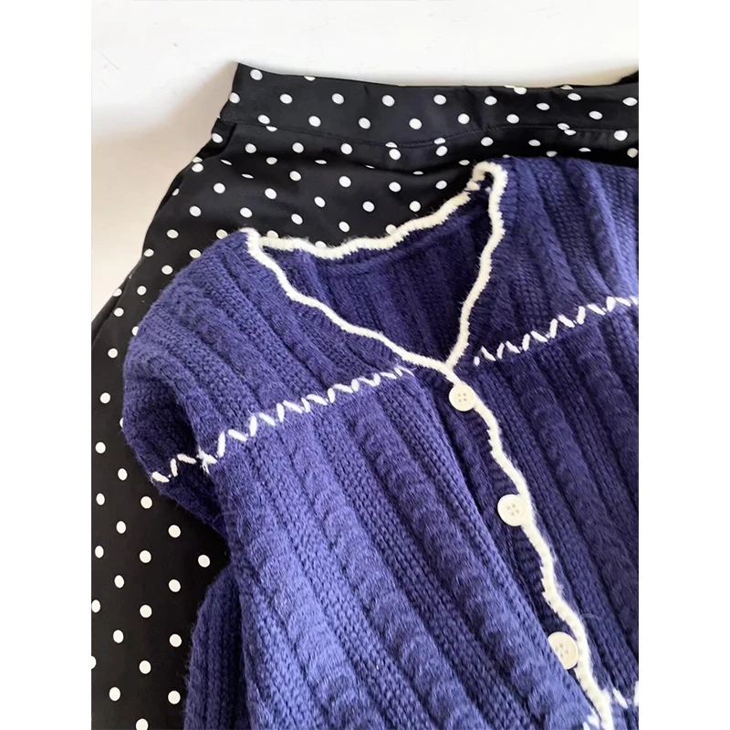 الرجعية k الأزرق V-Ne محبوك سترة مفتوحة المرأة الخريف الشتاء جديد Sle الكورية Sle Ele معطف سترة ناعمة #3