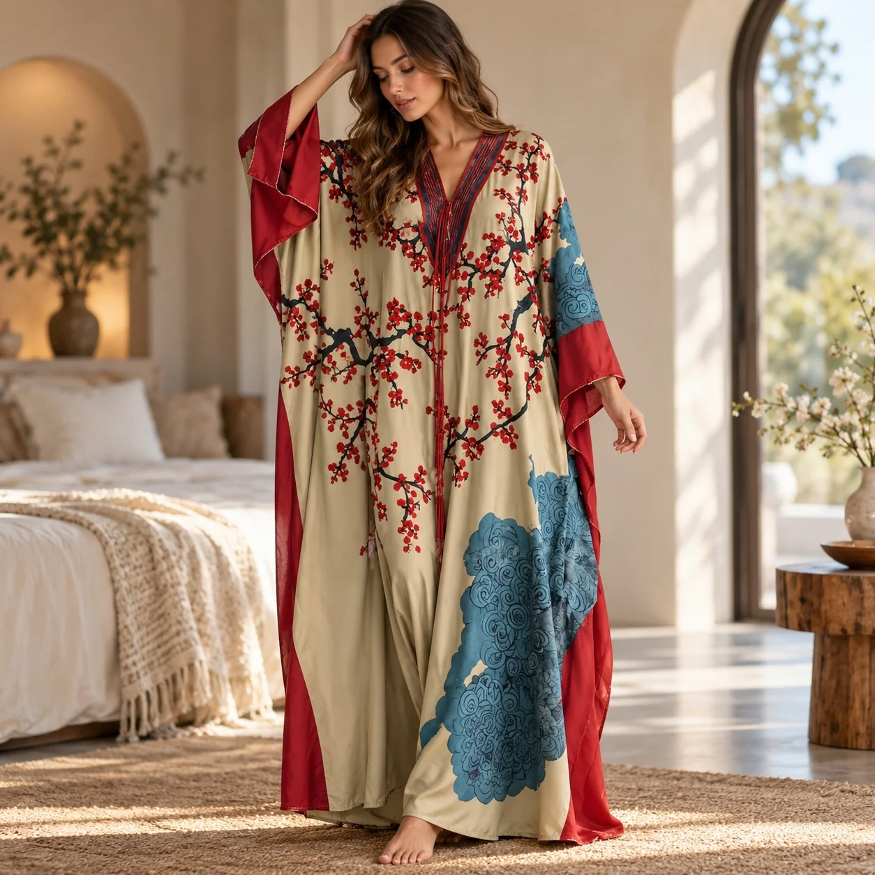 casual-printed-robe-full-length-european-and-american-style-with-bell-sleeve-long-pants-medium-weight-hotel-bathhouse-for-women