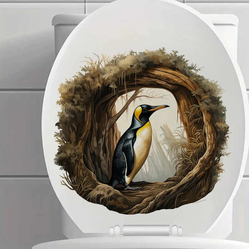 

C1264# Penguin in the Hole Self-Adhesive Toilet Stickers,Wall Decal Removable, Reusable Vinyl Car Sticker for Bathroom Decor