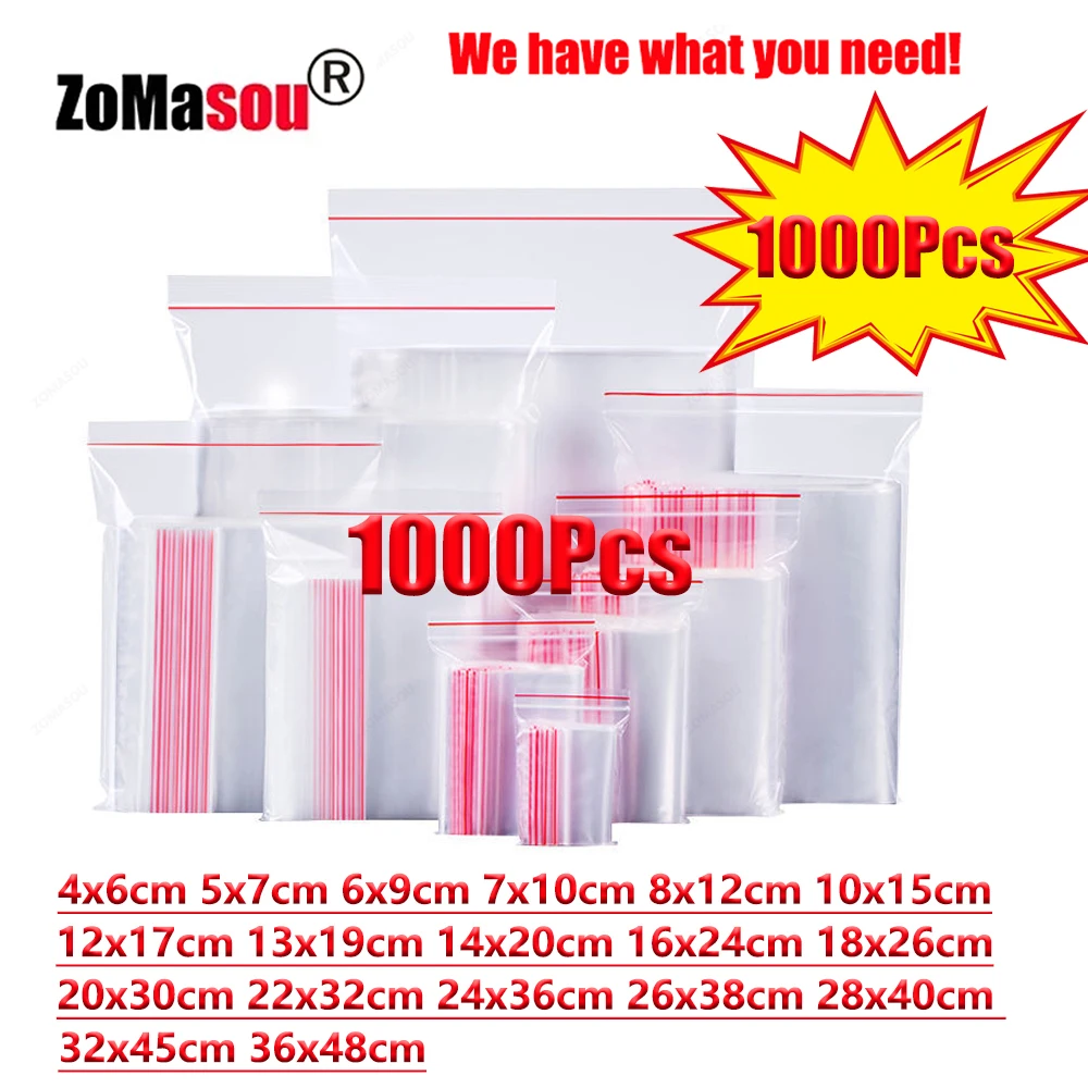 Pequenos sacos de plástico Zip Lock Reclosable saco transparente, saco de armazenamento a vácuo, Clear Ziplock Food Storage, 100-1000Pcs