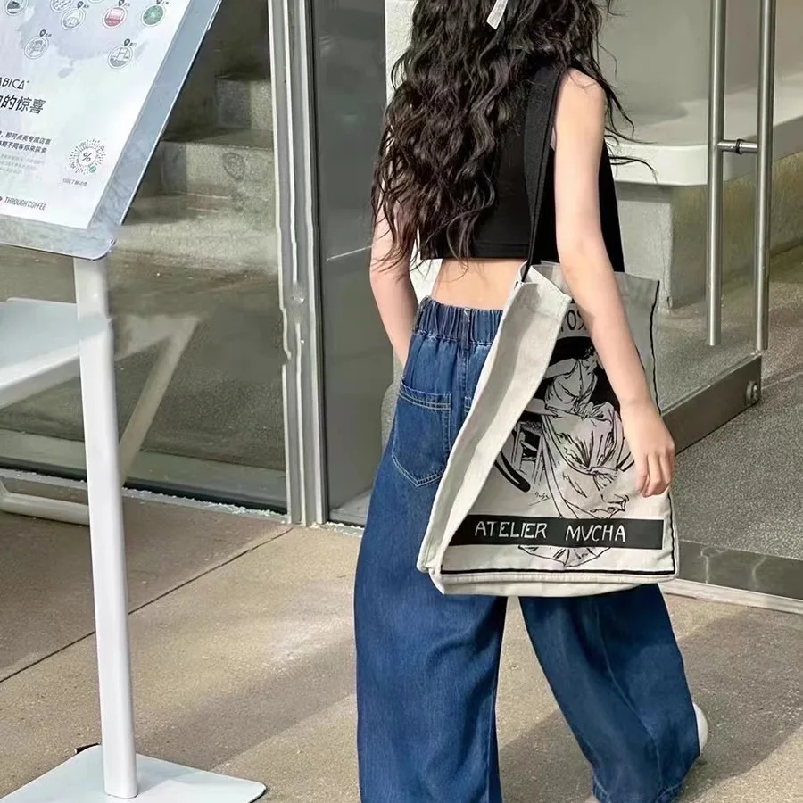 RAISE Kids Girls Denim Pants Cotton Children Girl Straight Pants Solid Elastic Wiast 2-14Y Kids Girls Wide Leg Pant All Seasons