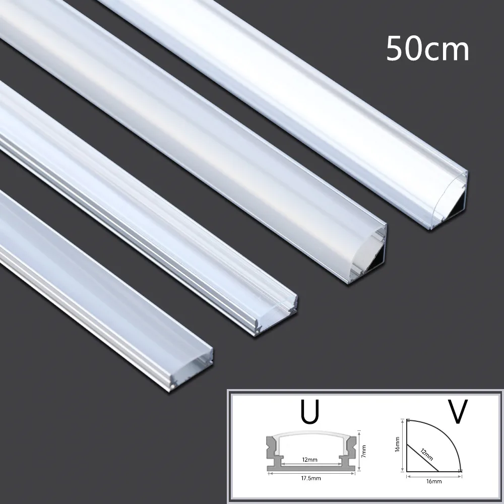 Canal de alumínio para LED Strip, U e V Forma, Leite Tampa Branca, Tampa Transparente, Adequado para 3528, 5630, 5050, 0.5m