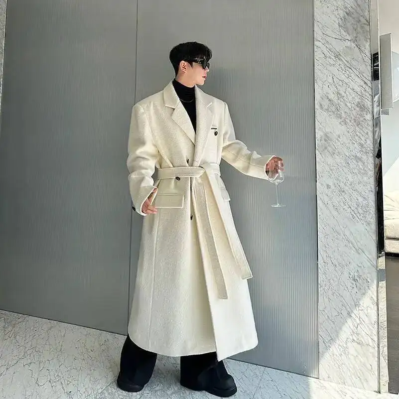 Cappotti di lana da uomo di design coreano Casual ispessito con lacci ricamato monopetto bavero lungo trincea maschile Nuovo