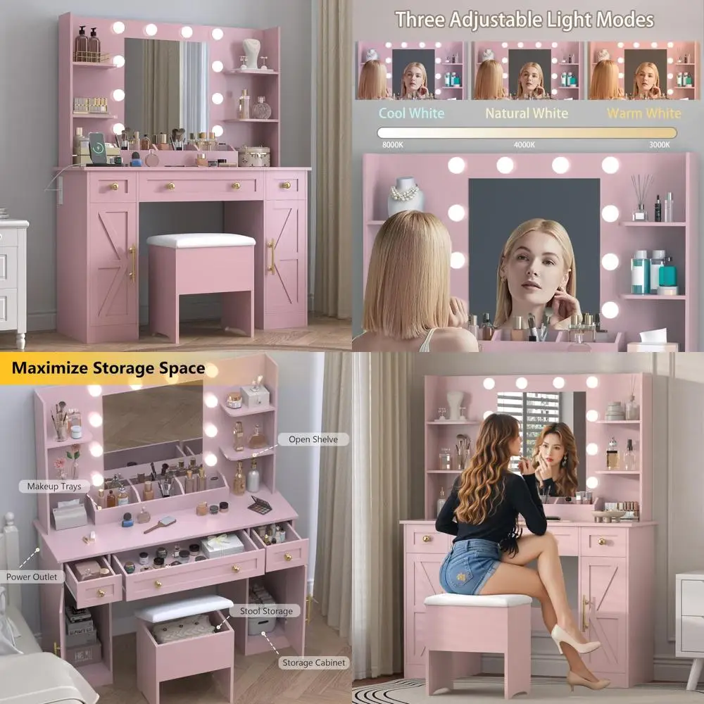 Illuminated Makeup Vanity Desk with Mirror, Drawers, and Charging Station, Featuring 3 Lighting Options and Ample Storage