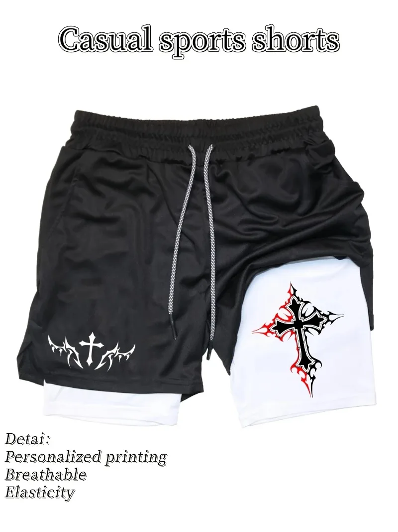Pantalones cortos deportivos de secado rápido para hombre, pantalones cortos de entrenamiento transpirables que absorben la humedad para gimnasio con cordón de cintura elástica, diseño de doble capa
