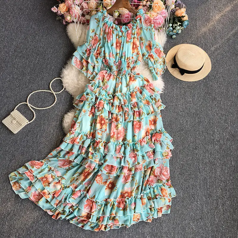 Floral Slash Collar Off The Shoulder Short Sleeve Dress 2023 Spring Summer Fashion Slim Printed Elegant Korean Women Dress T1603