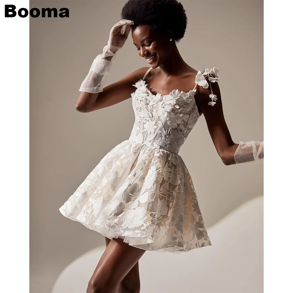 

Booma A-Line Wedding Party Dresses Flowers Lace Short Brides Dress Appliques Spaghetti Straps Cocktail Gowns for Women