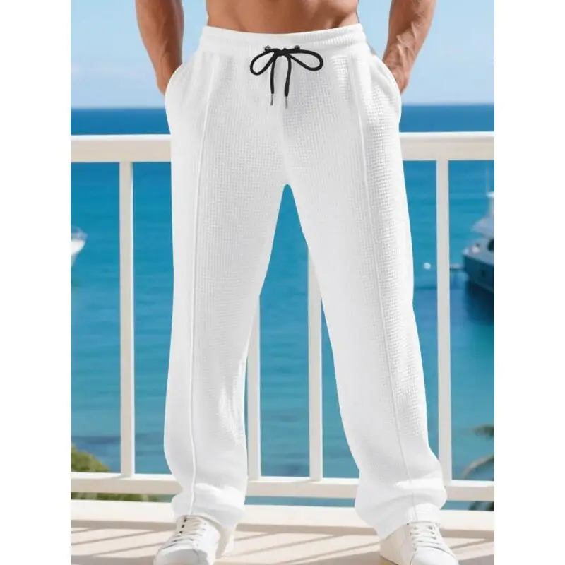 Men's British Gentleman Waffle Knit Loose Fit Joggers Straight Leg Neutral Style Casual Pants for Spring Season
