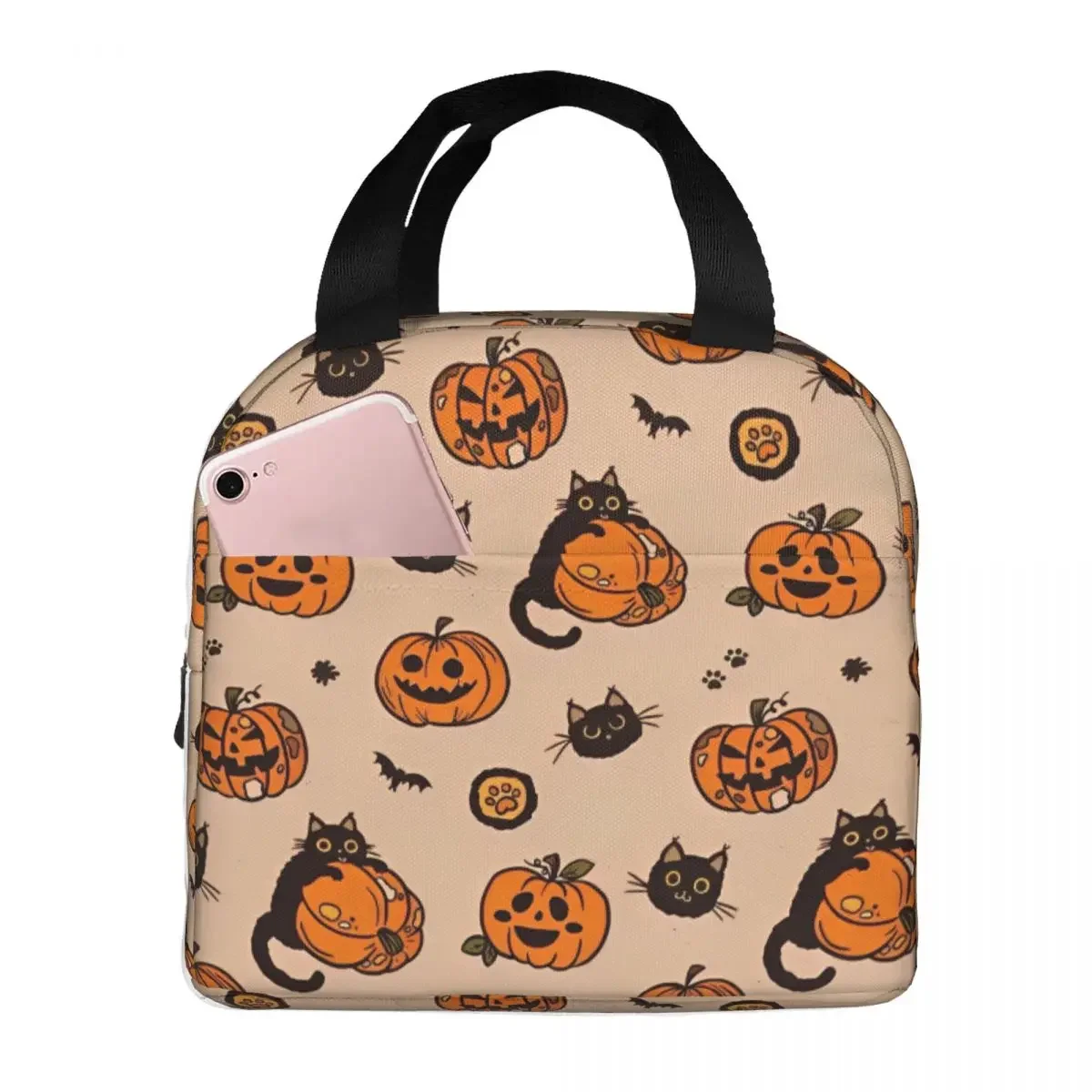 Halloween Pumpkins Ghosts Cat Insulated Lunch Bags Portable Trick or Treat Cooler Bag Tote Lunch Box Office Travel Food Handbags