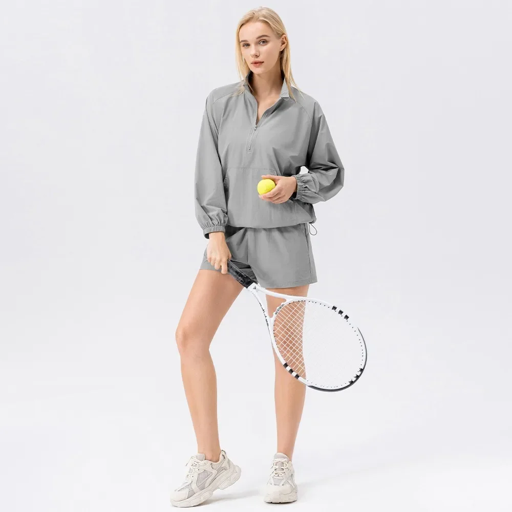 

Fanceey Sports and Leisure Set Women's Loose Standing Collar Jacket Hoodie Running Shorts Quick Drying Fitness Two-piece Set