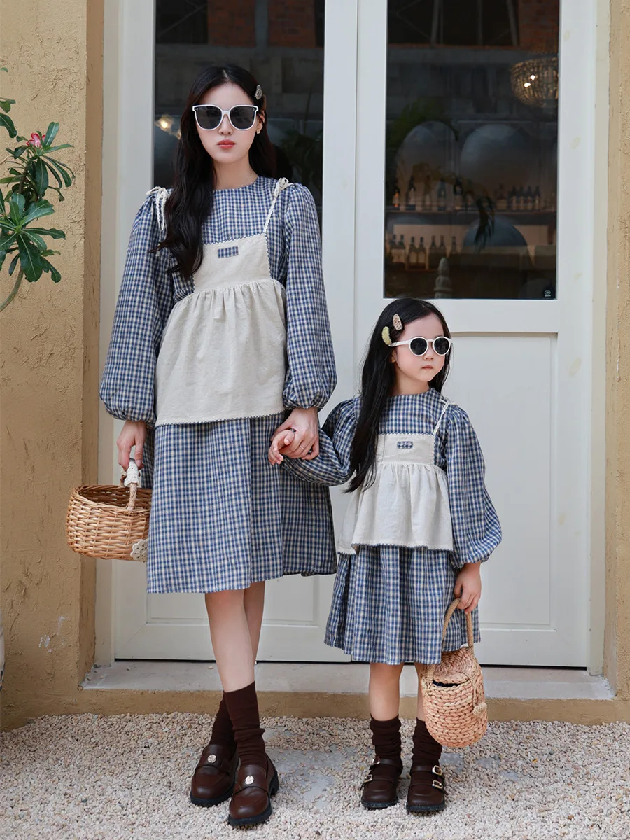 Family Matching Clothes Spring Autumn Plaid Dress Mother Daughter Sweet Vest + Dress 2PCS/SET Kids Girl Dress Set
