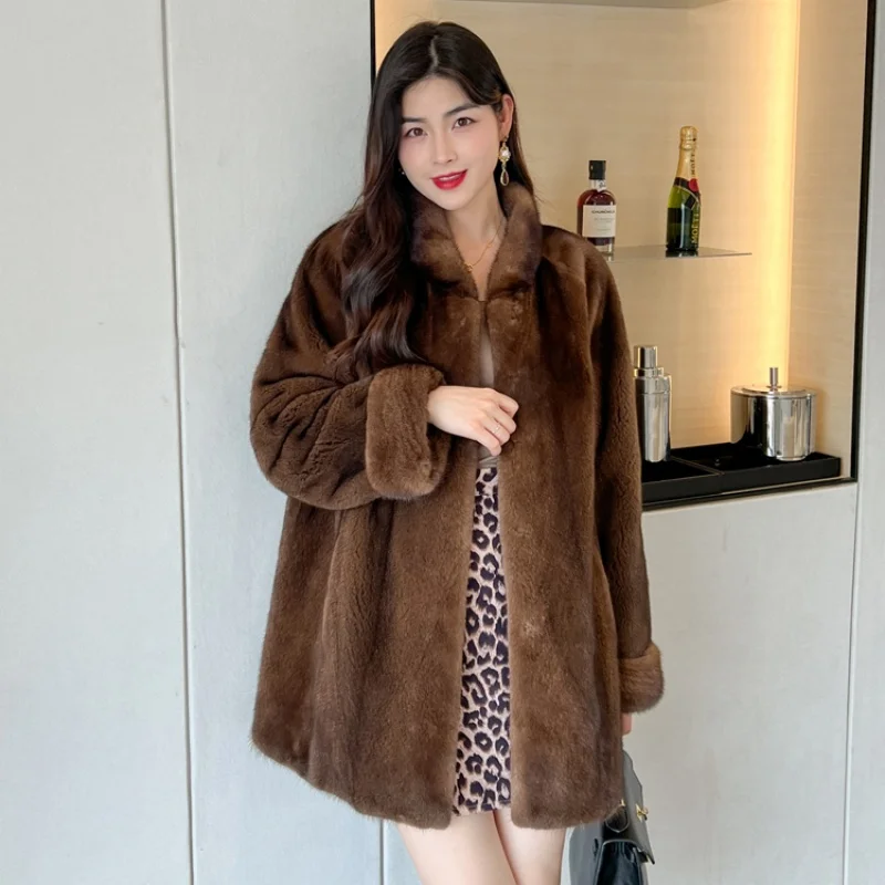 Fashion Fur Coat Real Natural Mink Whole Fur Women Jacket Mid-length  Winter Thick Warm Female Mink Fur Clothing 2024 New