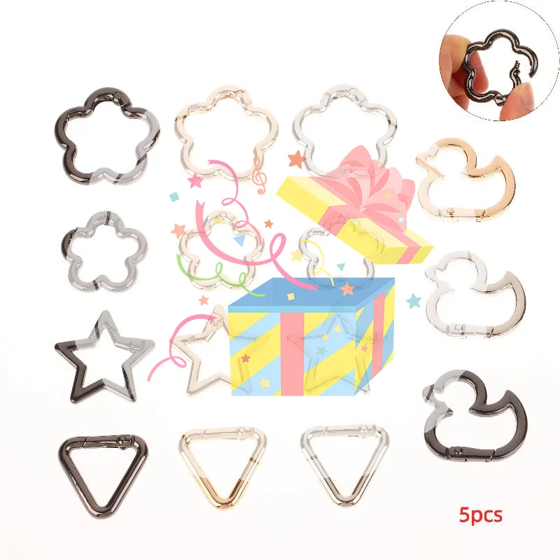 5 szt. Karabińczyki sprężynowe w kształcie gwiazdy, kaczki i kwiatka, otwarte, z zatrzaskiem, do toreb skórzanych, torebek, pasków i łączenia pasków.