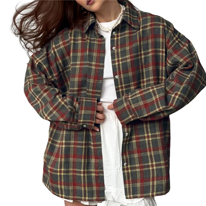 

ABP-Womens Button Down Flannel Shirts Long Sleeve Plaid Shackets Business Casual Blouse Top