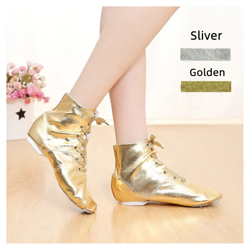 New Soft Glitter PU Leather Shiny Men Women Kids Sports Jazz Dance Shoes Lace Up Dancing Boots Golden Sliver Sneakers