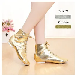 Sapatos de dança Jazz de couro macio Glitter PU, botas de dança com renda, tênis Golden Sliver, esportes brilhantes, homens e mulheres, crianças, novos