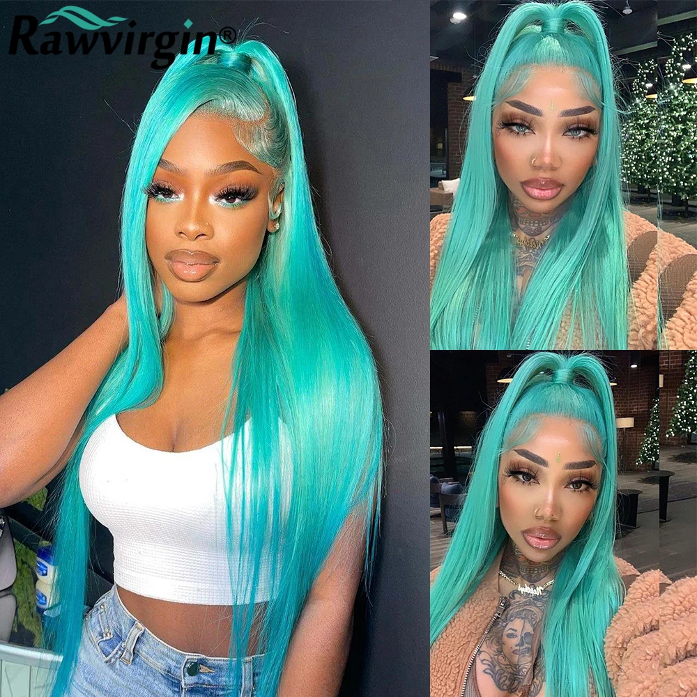 

13x4 HD Lace Front Wigs Mint Green Colored Remy Human Hair HD Lace Frontal Wig Straight Pre Plucked Lace Front Wig for Women