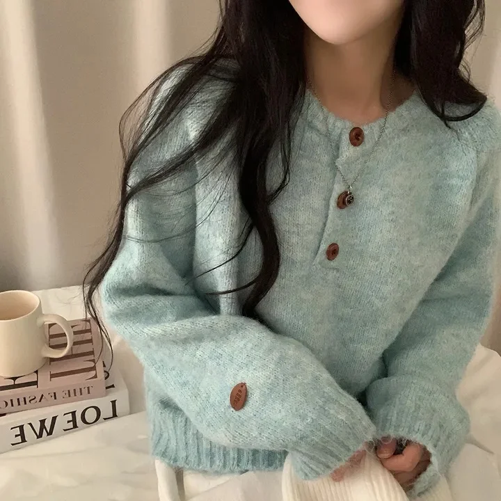 

Стильный осенне-зимний свитер с открытыми плечами, на пуговицах, с воротником-стойкой, персонализированный, из хлопка, с длинными рукавами, короткое пальто