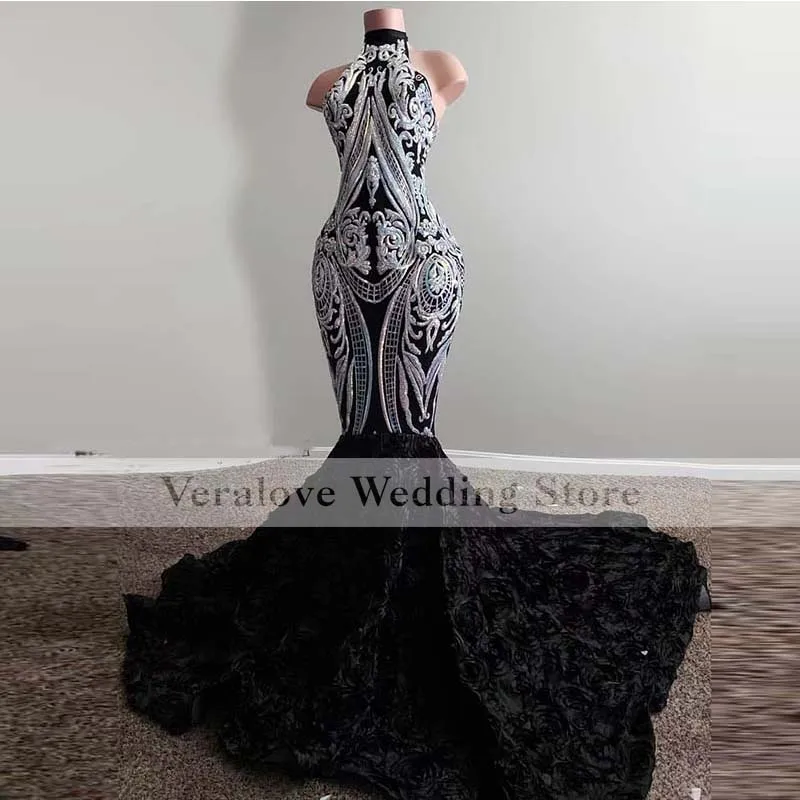 Sexy Mermaid Black Prom Dresses High Neck Rose Flowers Train Party Dress robes de soirée Mermaid Evening Gowns Customized