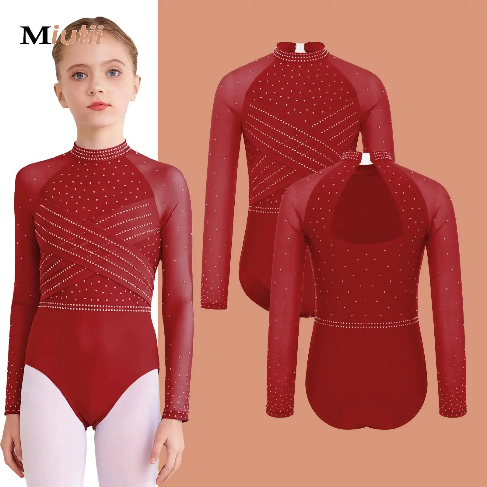 

Kids Girls Gymnastics Ballet Dance Performance Leotards Long Sleeve Figure Skating Ice Bodysuit Rhinestones Ballerina Jumpsuit