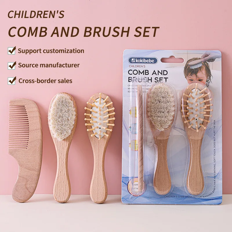 

Baby 3pc beechwood comb & brush set: Natural beech comb, soft wool brush & bounce cushion comb—skin-friendly, anti-static