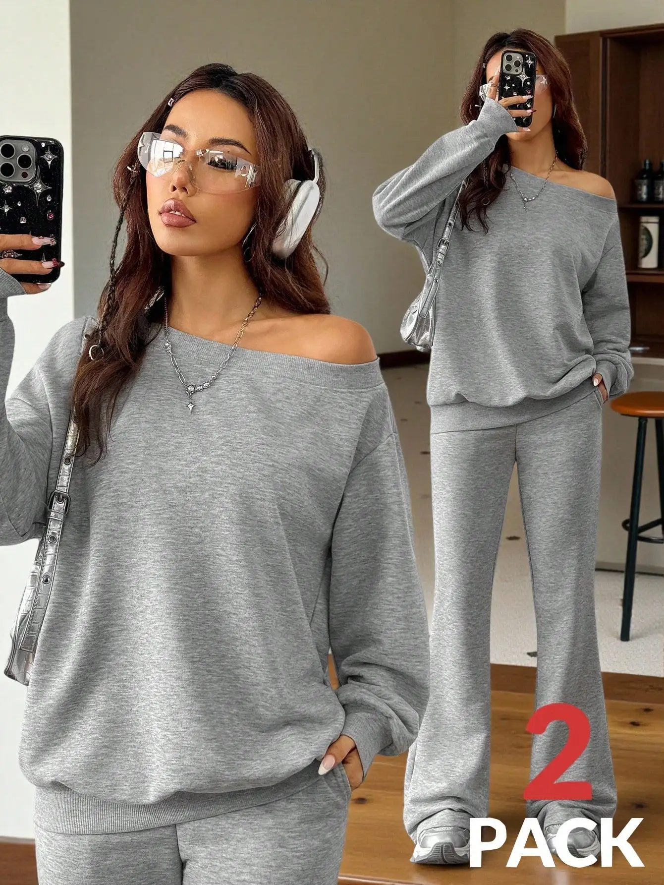 

Серый комплект из свитшота с открытыми плечами и длинными рукавами и расклешенных брюк для женщин