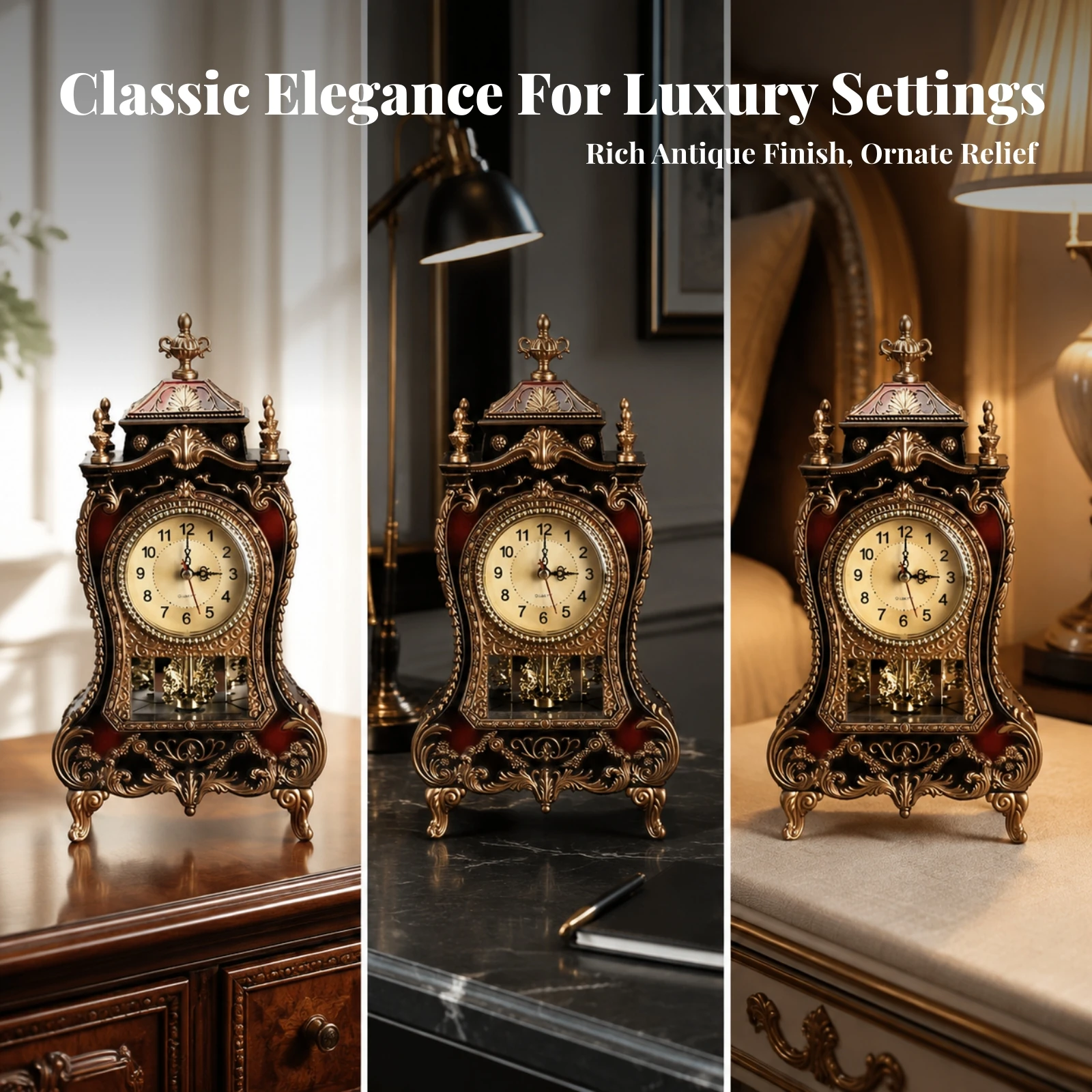 Table Clock with Pendulum Classic Analog Desk Clock Elegant Silent for Collectors, Mantel, Living Room